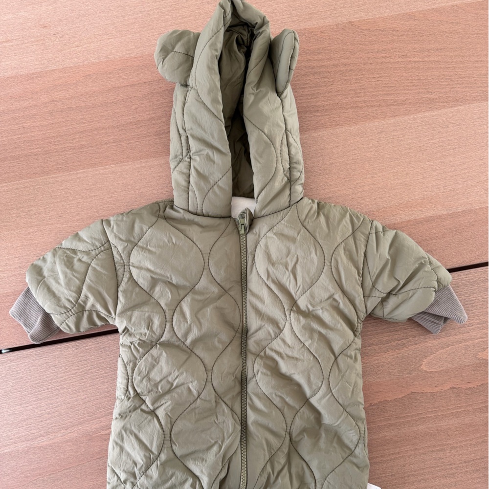 Baby Quilted Hooded Onesie Jacket With Ears - Olive Green - 3 Months